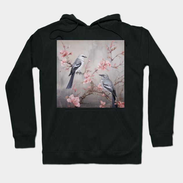 Grey and pink chinoiserie painting with birds and flowers Hoodie by Riverside-Moon